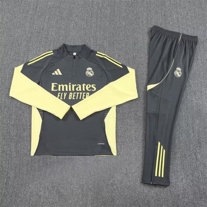 2025-2026 Real Madrid Grey/Yellow Soccer Training Sweater and Pants Football Kit