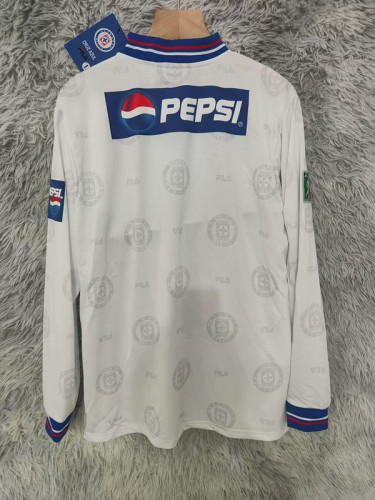 with FMF Patch Long Sleeve Retro Jersey 1997-1998 Cruz Azul Away White Soccer Jersey Vintage Football Shirt
