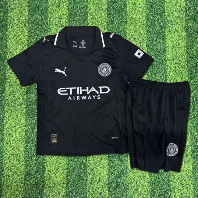 Youth Uniform Kids Kit 2025-2026 Manchester City Away Black Soccer Jersey Shorts Child Football Set
