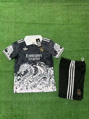 Youth Uniform Kids Kit 2025-2026 Real Madrid Black/White Dragon Soccer Jersey Shorts Child Football Set