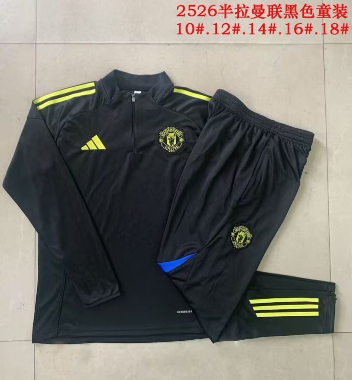 Youth 2025-2026 Manchester United Black/Yellow Soccer Training Sweater and Pants Football Kit