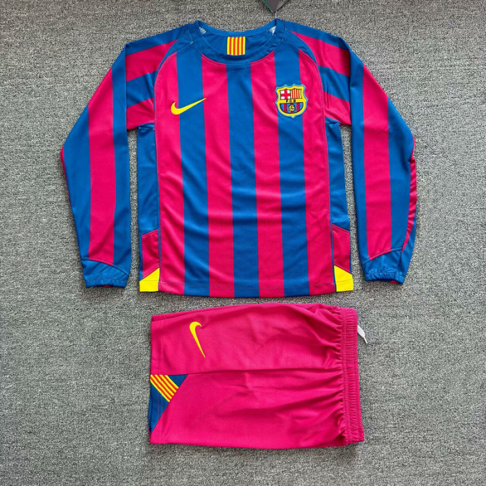 Long Sleeve Retro Youth Uniform Kids Kit 2005-2006 Barcelona Home Soccer Jersey Shorts Vintage Child Football Set