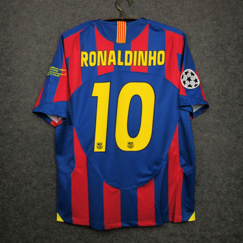 with Sleeve Lettering+UCL Patch Retro Jersey 2005-2006 Barcelona RONALDINHO 10 UEFA Champions League Home Soccer Jersey