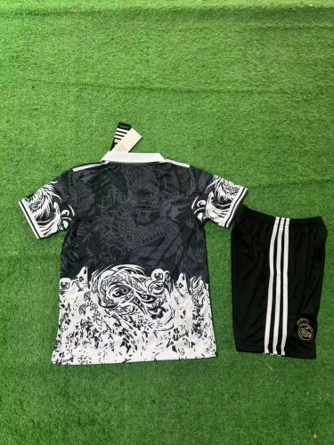 Youth Uniform Kids Kit 2025-2026 Real Madrid Black/White Dragon Soccer Jersey Shorts Child Football Set