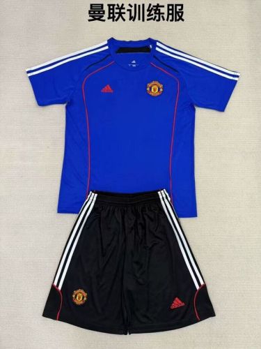 Youth Uniform Kids Kit 2025-2026 Manchester United Blue Soccer Training Jersey Shorts Child Football Set