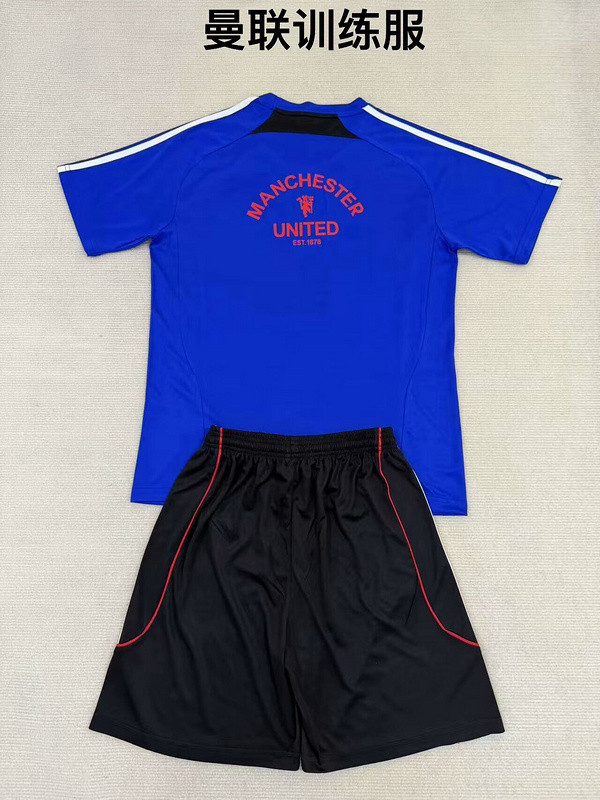 Youth Uniform Kids Kit 2025-2026 Manchester United Blue Soccer Training Jersey Shorts Child Football Set