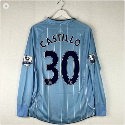 with EPL Patch Long Sleeve Retro Jersey 2007-2008 Manchester City CASTILLO 30 Home Soccer Jersey Vintage Man City Football Shirt