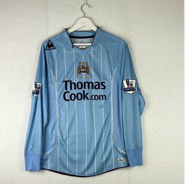 with EPL Patch Long Sleeve Retro Jersey 2007-2008 Manchester City Home Soccer Jersey Vintage Man City Football Shirt