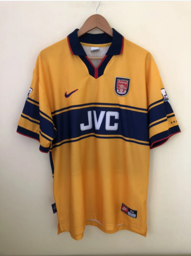 with EPL Patch Retro Jersey 1997-1999 Arsenal BERGKAMP 10 Away Yellow Vintage Soccer Jersey Football Shirt