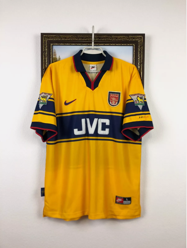 with EPL Patch Retro Jersey 1997-1999 Arsenal Away Yellow Vintage Soccer Jersey Football Shirt