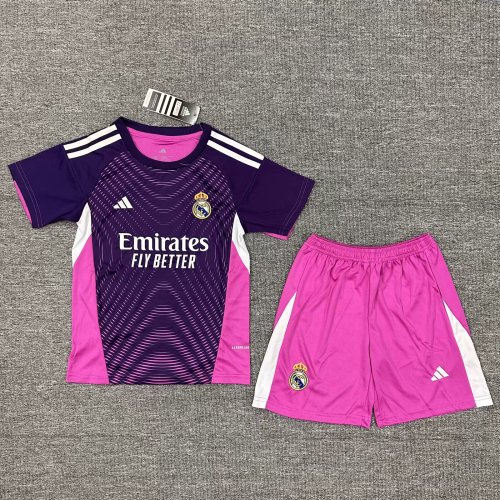 Youth Uniform Kids Kit 2025-2026 Real Madrid Dark Purple Goalkeeper Soccer Jersey Shorts Child Football Set