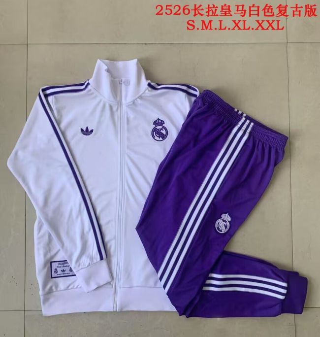 Retro Model 2025-2026 Real Madrid White/Purple Soccer Training Jacket Football Jacket and Pants