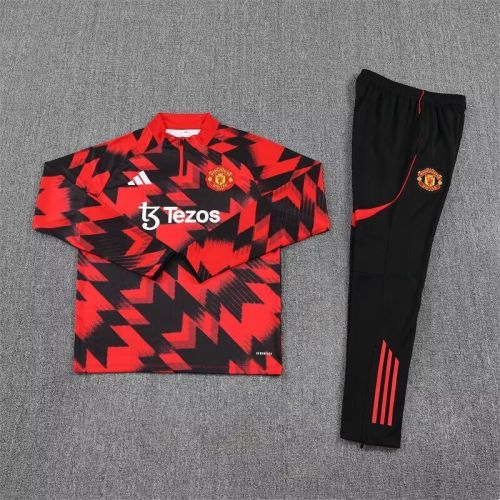 2025-2026 Manchester United Black/Red Soccer Training Sweater and Pants Football Kit