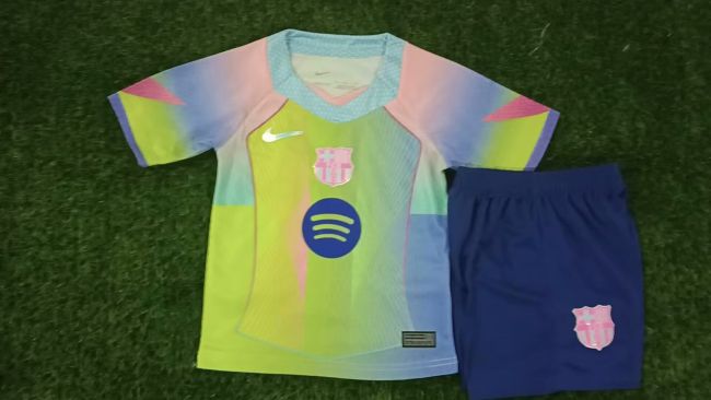 Youth Uniform Kids Kit 2025-2026 Barcelona Green Soccer Training Jersey Shorts Child Football Set