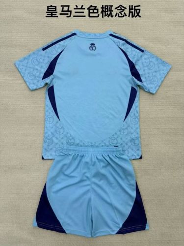 Youth Uniform Kids Kit 2025-2026 Real Madrid Blue Concept Version Soccer Jersey Shorts Child Football Set