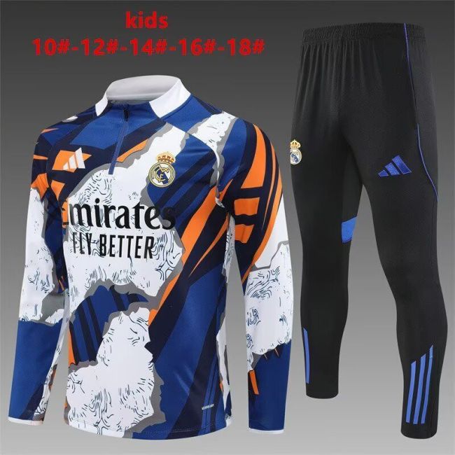 Youth 2025-2026 Real Madrid White/Blue Soccer Training Sweater and Pants Football Kit