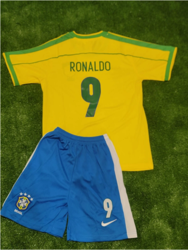 Retro Youth Uniform 1998 Brazil RONALDO 9 Home Soccer Jersey Shorts Vintage Brasil Child Football Kit