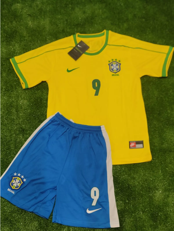 Retro Youth Uniform 1998 Brazil RONALDO 9 Home Soccer Jersey Shorts Vintage Brasil Child Football Kit