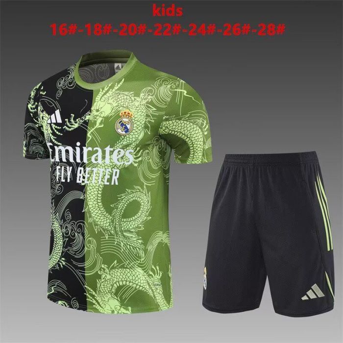 Youth Uniform Kids Kit 2025-2026 Real Madrid Black/Green Dragon Soccer Training Jersey Shorts Child Football Set