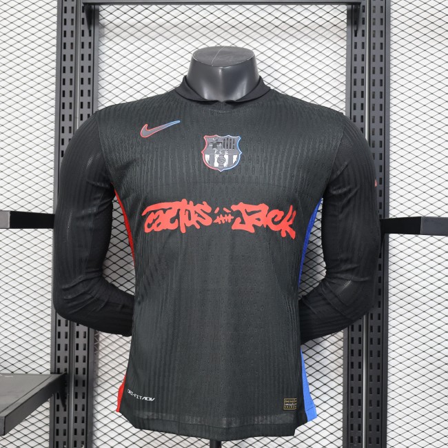 Long Sleeve Barca Camisetas de Futbol Player Version 2024-2025 Barcelona Travis Scott Away Black Soccer Jersey