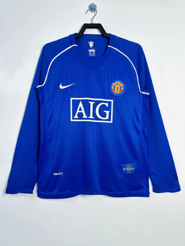 Long Sleeve Retro Jersey 2007-2008 Manchester United Blue Goalkeeper Vintage Soccer Jersey