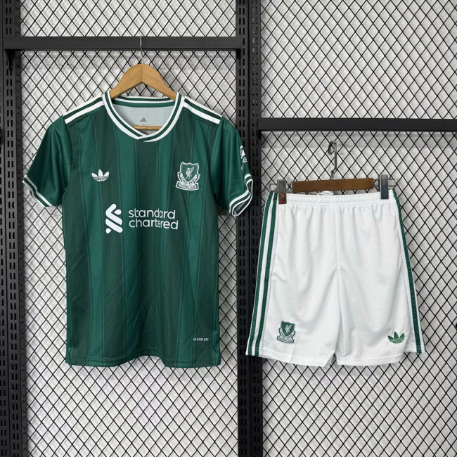Youth Uniform Kids Kit 2025-2026 Liverpool Green Soccer Jersey Shorts Child Football Set