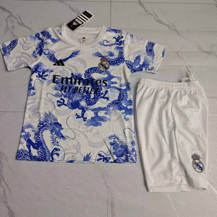 Youth Uniform Kids Kit 2025-2026 Real Madrid White/Blue Dragon Soccer Jersey Shorts Child Football Set
