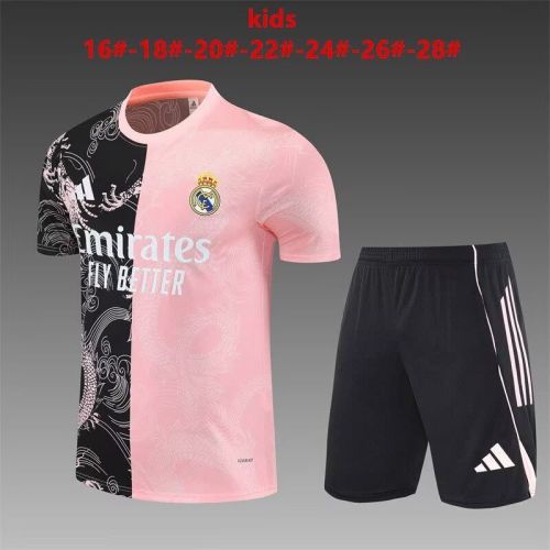 Youth Uniform Kids Kit 2025-2026 Real Madrid Black/Pink Dragon Soccer Training Jersey Shorts Child Football Set