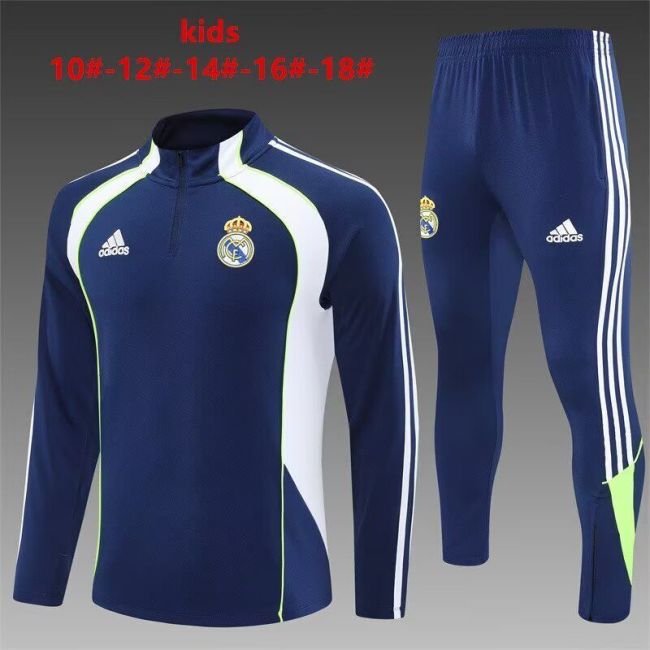 Youth 2025-2026 Real Madrid Dark Blue Soccer Training Sweater and Pants Football Kit