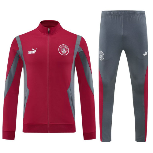 2025-2026 Manchester City Dark Red/Grey Soccer Training Jacket and Pants Football Tracksuit