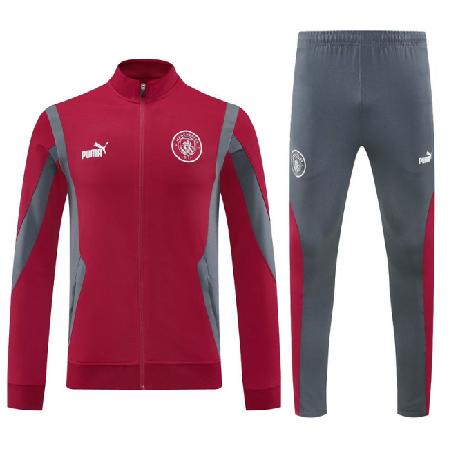 2025-2026 Manchester City Dark Red/Grey Soccer Training Jacket and Pants Football Tracksuit