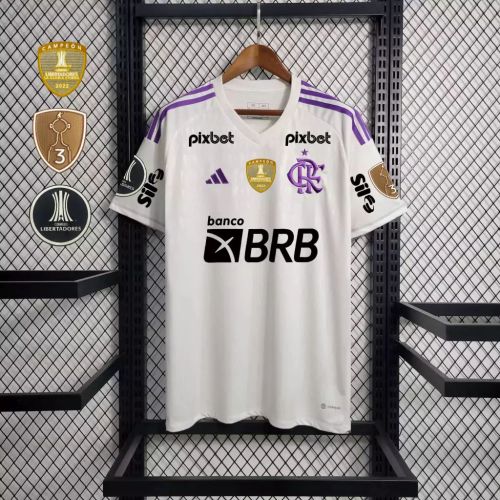 with All Sponor Logos+Front Patch+Libertadores Patch Fan Version 2025-2026 Flamengo White/Purple Soccer Training Jersey Football Pre-match Shirt