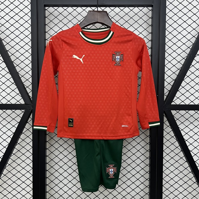 Long Sleeve Youth Uniform Kids Kit Portugal 2025 Home Soccer Jersey Shorts Child Football Set