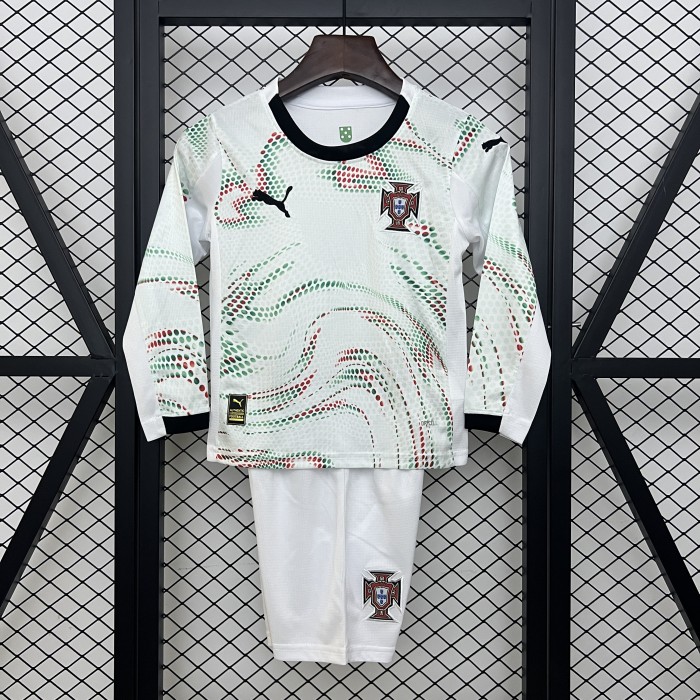 Long Sleeve Youth Uniform Kids Kit Portugal 2025 Away Soccer Jersey Shorts Child Football Set