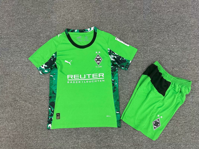 Youth Uniform Kids Kit 2025-2026 Monchengladbach Away Green Soccer Jersey Shorts Child Football Set