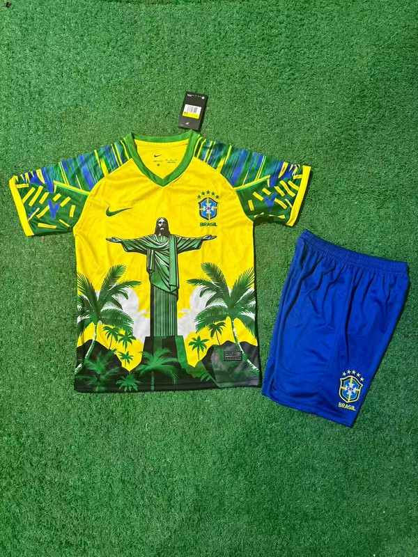Youth Uniform Kids Kit 2025 Brazil Yellow/Green Jesues Version Soccer Jersey Shorts Child Football Set