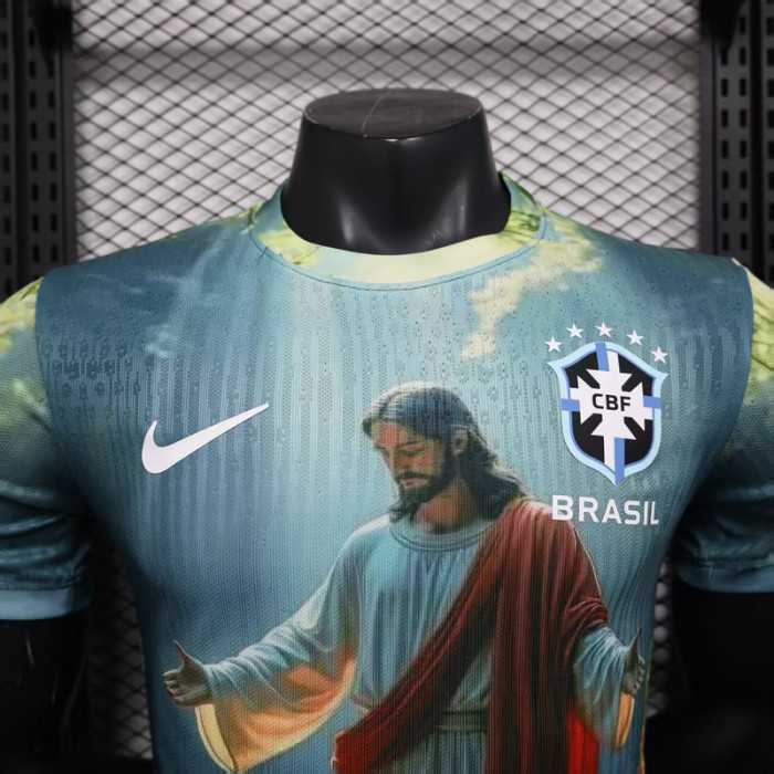 Player Version 2025 Brazil Blue Jesus version Soccer Jersey Brasil Football Shirt