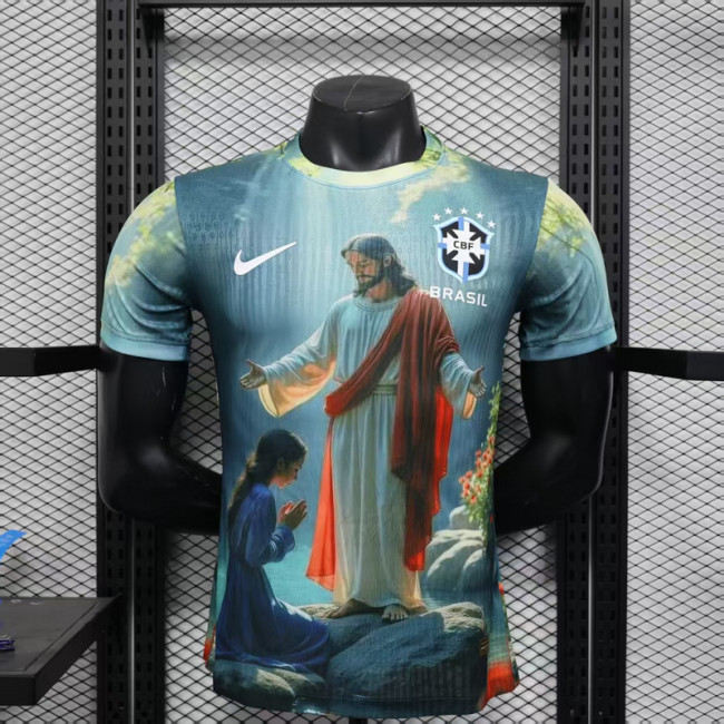 Player Version 2025 Brazil Blue Jesus version Soccer Jersey Brasil Football Shirt