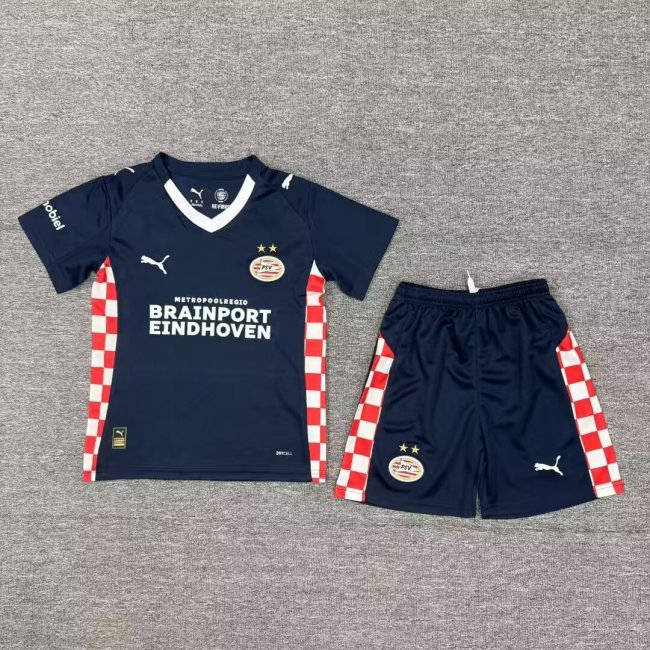 Youth Uniform Kids Kit 2025-2026 PSV Eindhoven Away Dark Blue Soccer Jersey Shorts Child Football Set