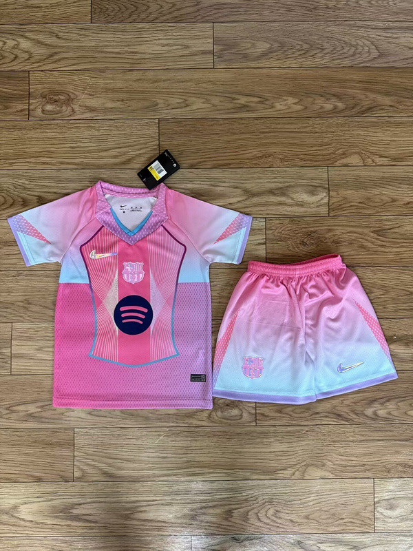 Youth Uniform Kids Kit 2025-2026 Barcelona Pink Soccer Jersey Shorts Child Football Set