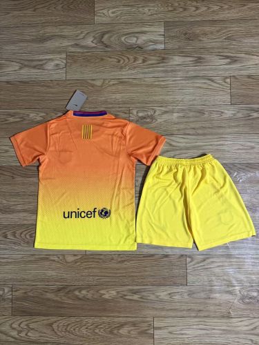 Retro Youth Uniform Kids Kit 2014-2015 Barcelona Away Yellow Soccer Jersey Shorts Vintage Child Football Set