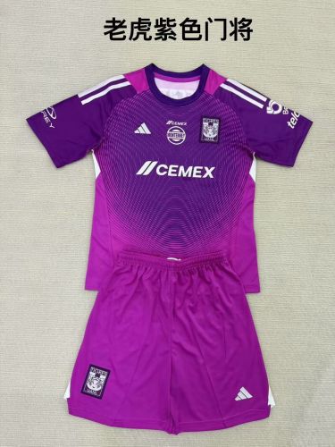 Youth Uniform Kids Kit 2025-2026 Tigres Purple Goalkeeper Soccer Jersey Shorts Child Football Set