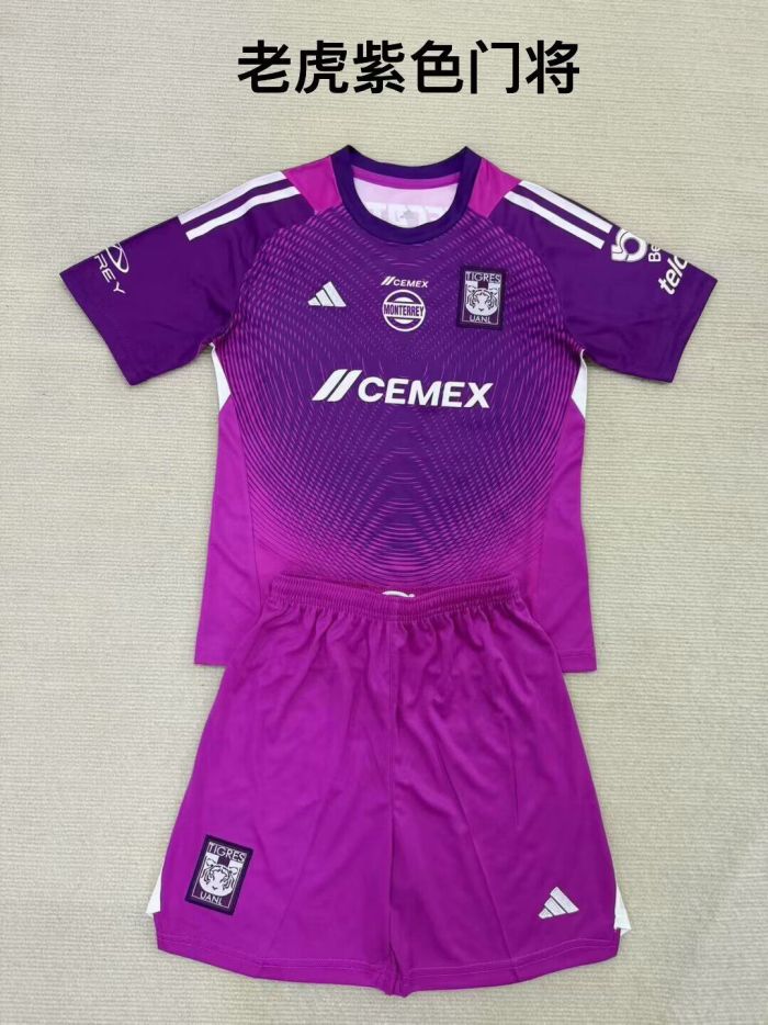 Youth Uniform Kids Kit 2025-2026 Tigres Purple Goalkeeper Soccer Jersey Shorts Child Football Set
