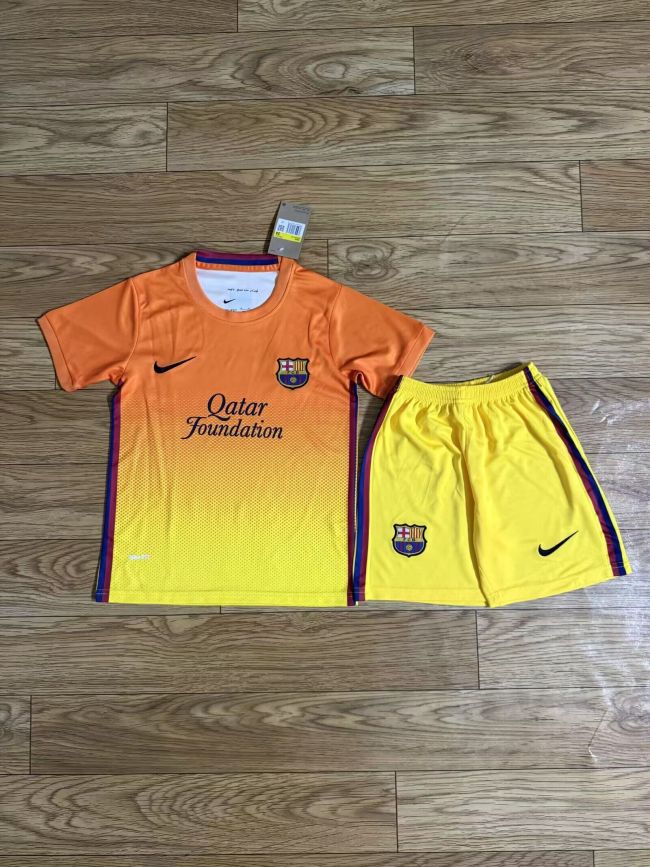 Retro Youth Uniform Kids Kit 2014-2015 Barcelona Away Yellow Soccer Jersey Shorts Vintage Child Football Set