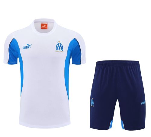 Adult Uniform 2025-2026 Marseille White/Blue Soccer Training Shirt and Shorts Football Set