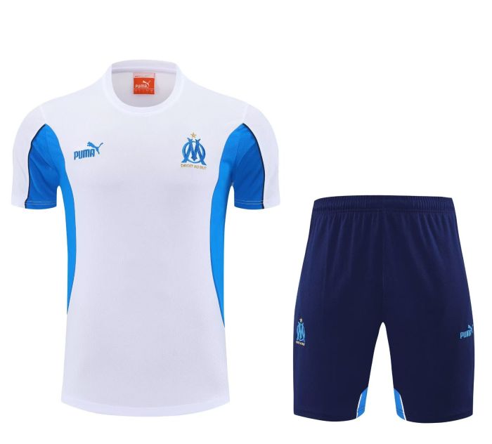 Adult Uniform 2025-2026 Marseille White/Blue Soccer Training Shirt and Shorts Football Set