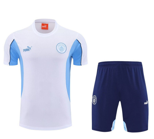 Adult Uniform 2025-2026 Manchester City White/Blue Soccer Training Shirt and Shorts Football Set