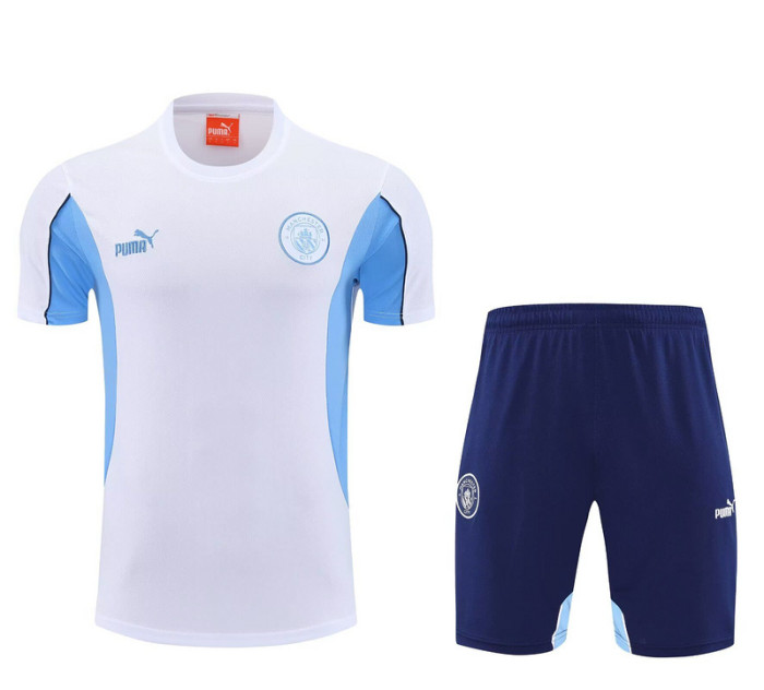 Adult Uniform 2025-2026 Manchester City White/Blue Soccer Training Shirt and Shorts Football Set