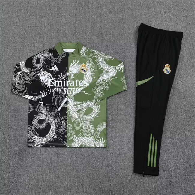 2025-2026 Real Madrid Black/Green Dragon Soccer Training Sweater and Pants Football Kit