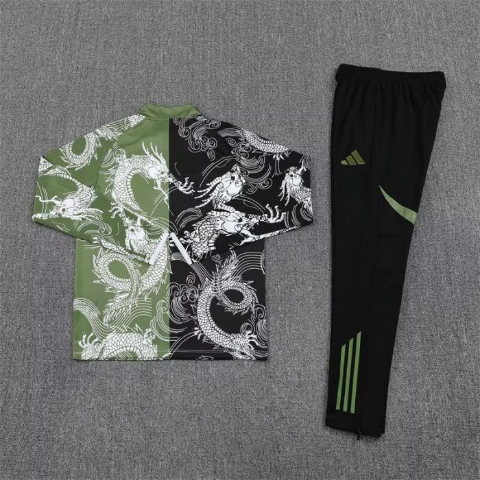 2025-2026 Real Madrid Black/Green Dragon Soccer Training Sweater and Pants Football Kit
